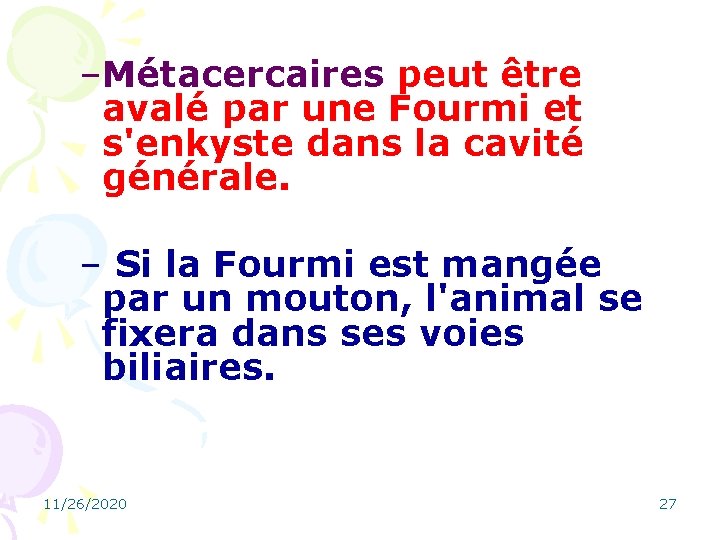–Métacercaires peut être avalé par une Fourmi et s'enkyste dans la cavité générale. –