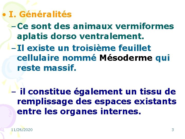  • I. Généralités – Ce sont des animaux vermiformes aplatis dorso ventralement. –