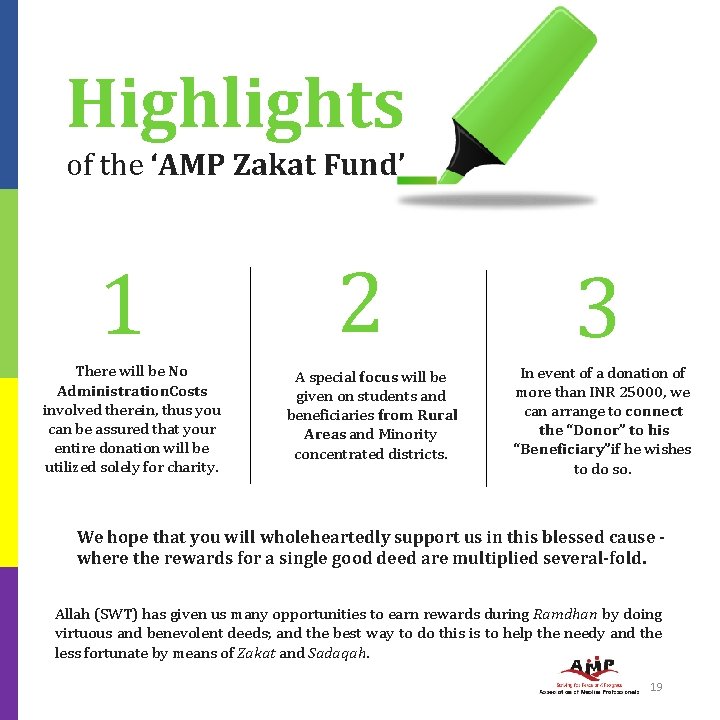 Highlights of the ‘AMP Zakat Fund’ 1 There will be No Administration Costs involved