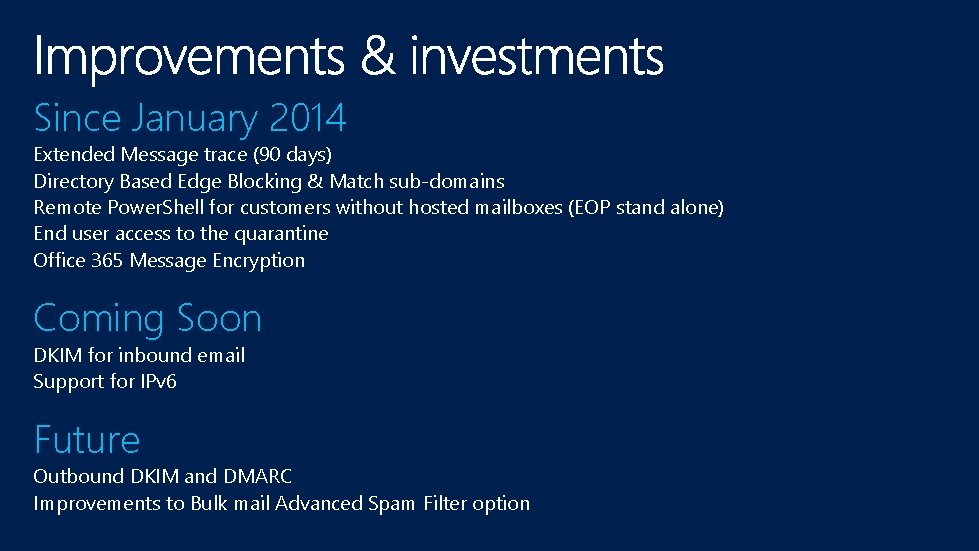 Since January 2014 Extended Message trace (90 days) Directory Based Edge Blocking & Match