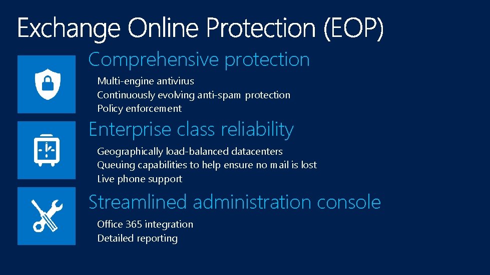 Comprehensive protection Multi-engine antivirus Continuously evolving anti-spam protection Policy enforcement Next generation of Forefront