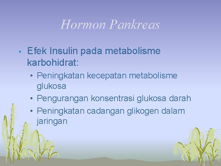 Hormon Pankreas • Efek Insulin pada metabolisme karbohidrat: • Peningkatan kecepatan metabolisme glukosa •