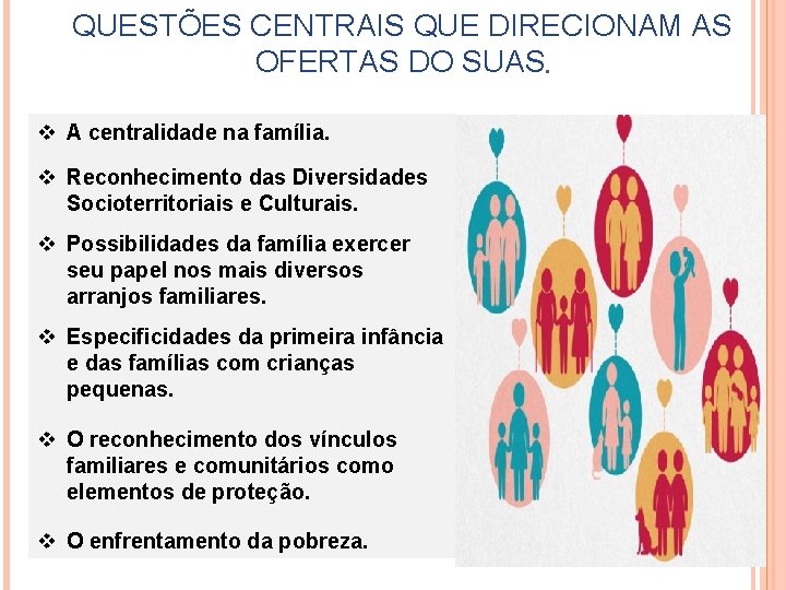 QUESTÕES CENTRAIS QUE DIRECIONAM AS OFERTAS DO SUAS. v A centralidade na família. v