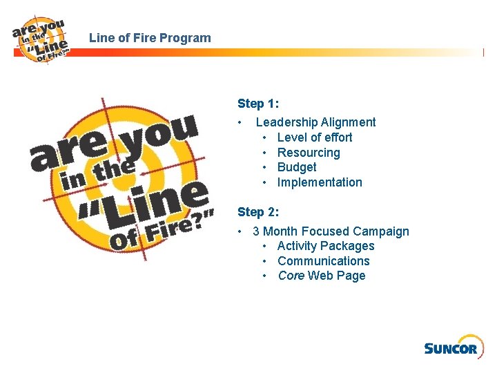 Line of Fire Program Step 1: • Leadership Alignment • Level of effort •