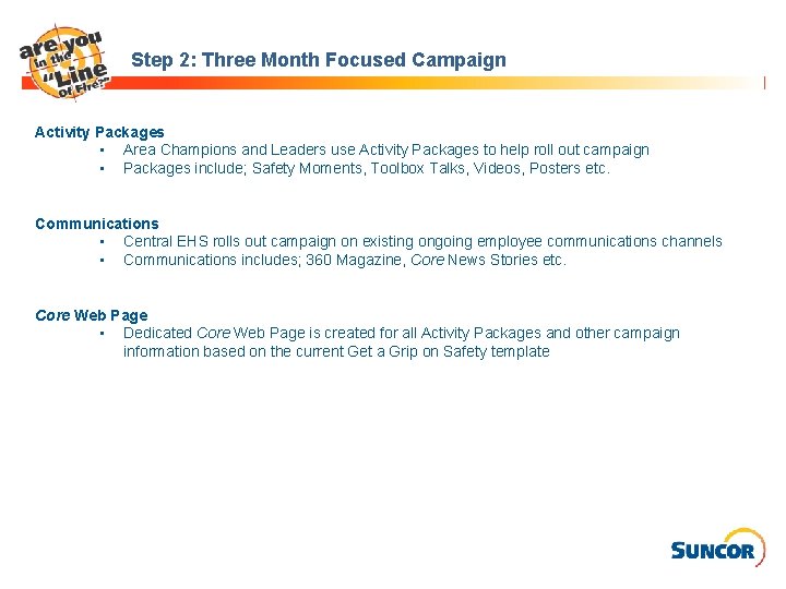 Step 2: Three Month Focused Campaign Activity Packages • Area Champions and Leaders use