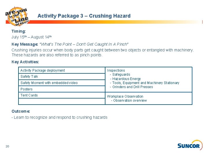 Activity Package 3 – Crushing Hazard Timing: July 15 th – August 14 th