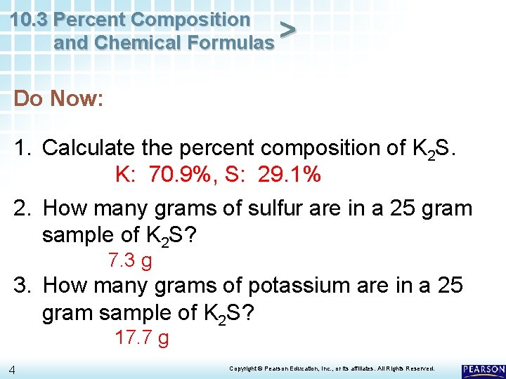10. 3 Percent Composition and Chemical Formulas > Do Now: 1. Calculate the percent