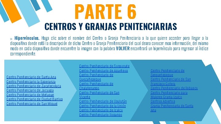 PARTE 6 CENTROS Y GRANJAS PENITENCIARIAS » Hipervínculos. Haga clic sobre el nombre del