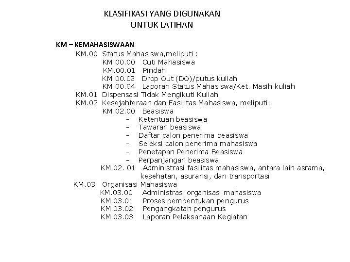 KLASIFIKASI YANG DIGUNAKAN UNTUK LATIHAN KM – KEMAHASISWAAN KM. 00 Status Mahasiswa, meliputi :