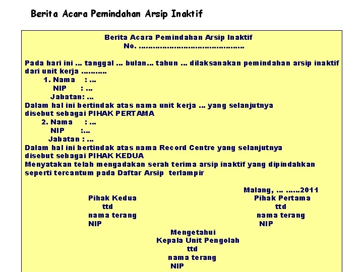 Berita Acara Pemindahan Arsip Inaktif No. …………………… Pada hari ini … tanggal … bulan…