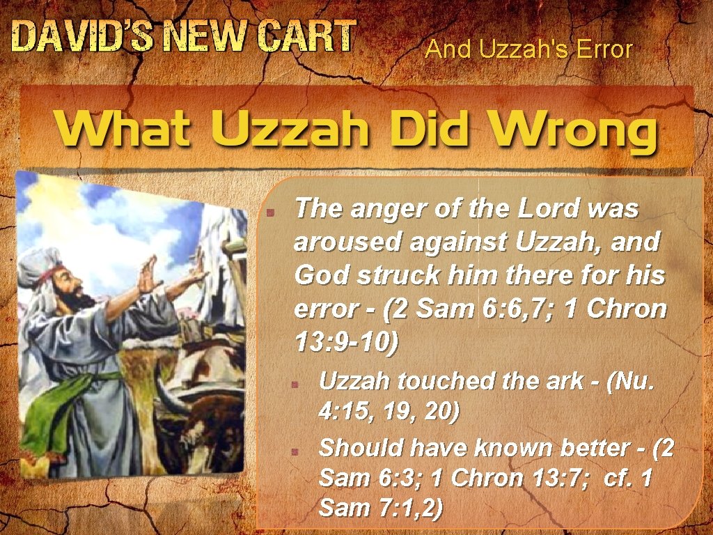 And Uzzah's Error The anger of the Lord was aroused against Uzzah, and God And Uzzah's Error The anger of the Lord was aroused against Uzzah, and God