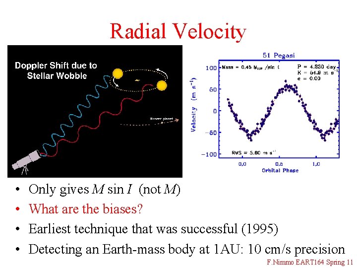 Radial Velocity • • Only gives M sin I (not M) What are the