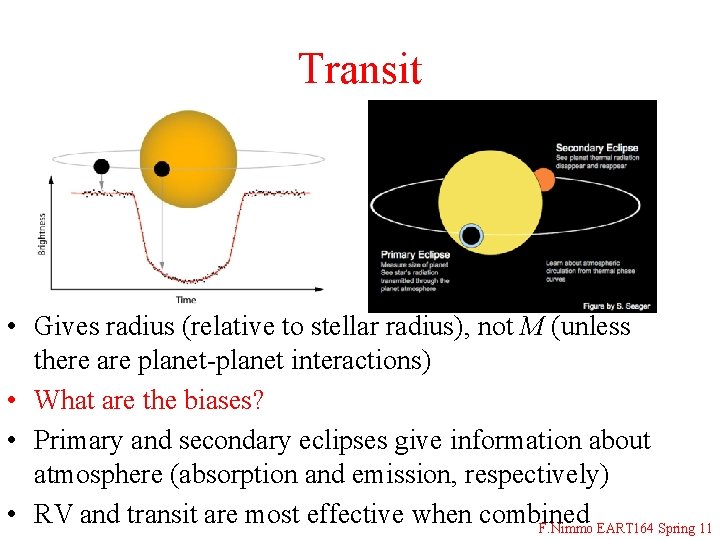 Transit • Gives radius (relative to stellar radius), not M (unless there are planet-planet