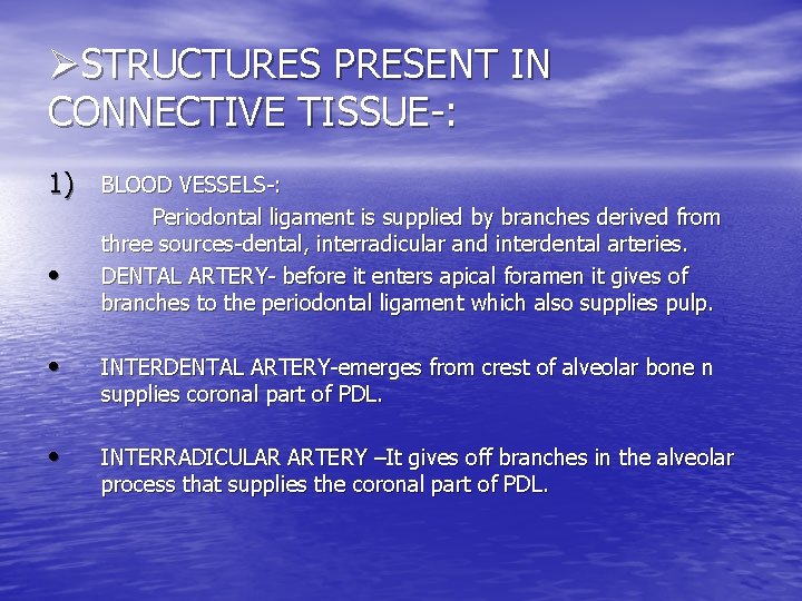 ØSTRUCTURES PRESENT IN CONNECTIVE TISSUE-: 1) BLOOD VESSELS-: • Periodontal ligament is supplied by