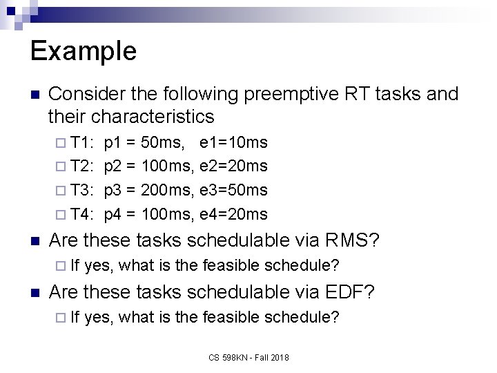 Example n Consider the following preemptive RT tasks and their characteristics ¨ T 1: