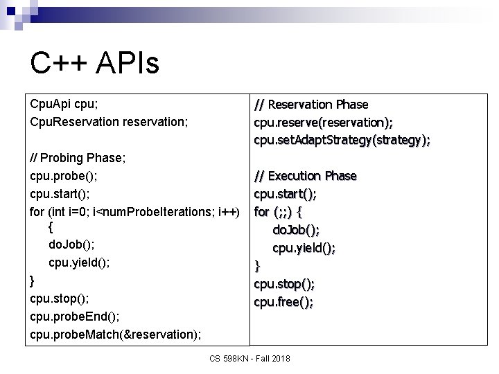 C++ APIs // Reservation Phase cpu. reserve(reservation); cpu. set. Adapt. Strategy(strategy); Cpu. Api cpu;