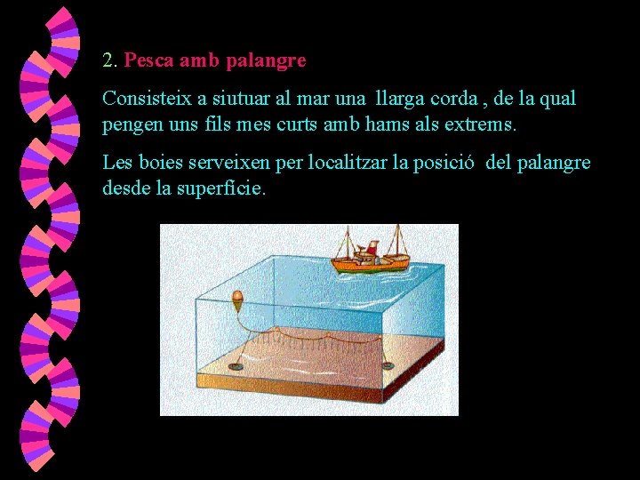 2. Pesca amb palangre Consisteix a siutuar al mar una llarga corda , de