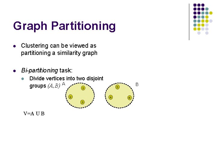 Graph Partitioning l Clustering can be viewed as partitioning a similarity graph l Bi-partitioning