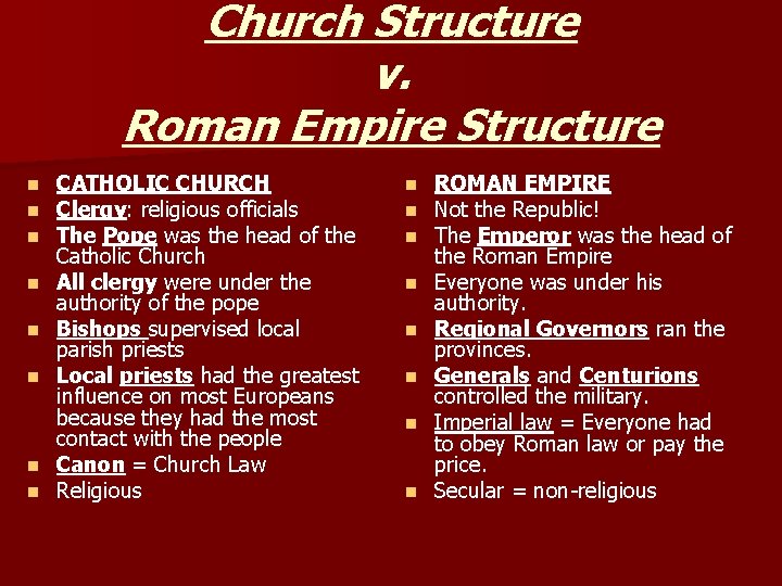 Church Structure v. Roman Empire Structure n n n n CATHOLIC CHURCH Clergy: religious Church Structure v. Roman Empire Structure n n n n CATHOLIC CHURCH Clergy: religious