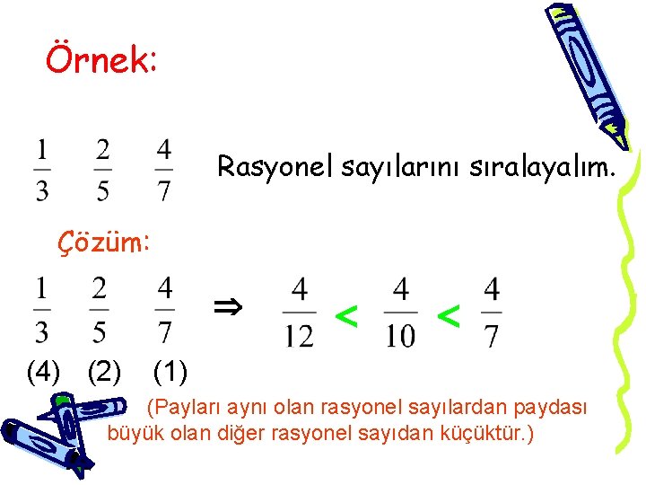 Örnek: Rasyonel sayılarını sıralayalım. Çözüm: (4) (2) (1) (Payları aynı olan rasyonel sayılardan paydası