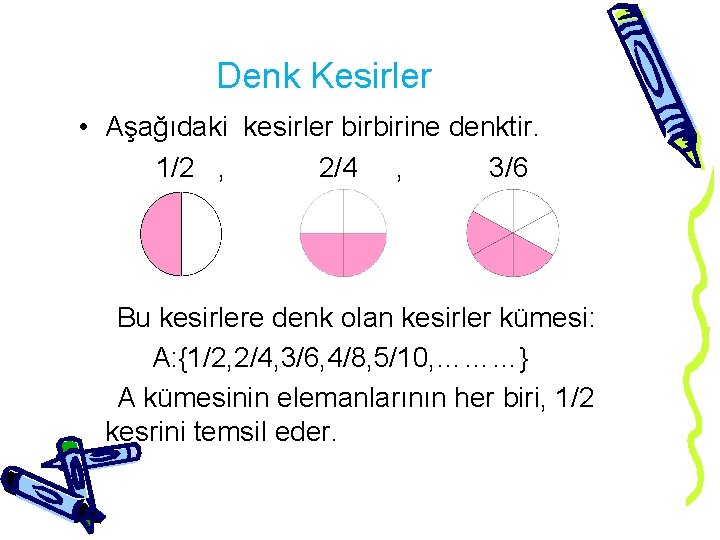 Denk Kesirler • Aşağıdaki kesirler birbirine denktir. 1/2 , 2/4 , 3/6 Bu kesirlere