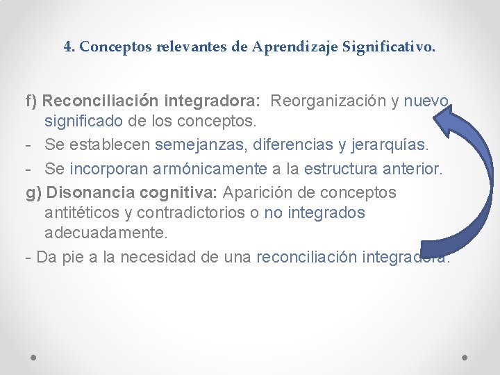 4. Conceptos relevantes de Aprendizaje Significativo. f) Reconciliación integradora: Reorganización y nuevo significado de