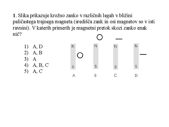 1. Slika prikazuje krožno zanko v različnih legah v bližini paličastega trajnega magneta (središča