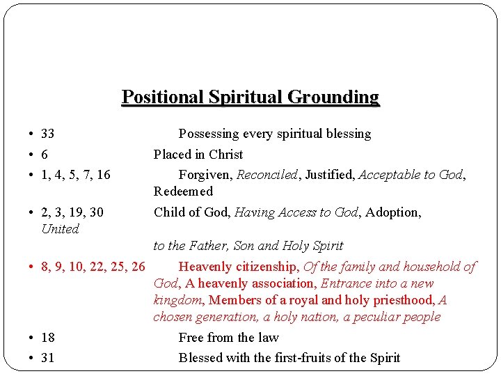 Positional Spiritual Grounding • 33 • 6 • 1, 4, 5, 7, 16 •