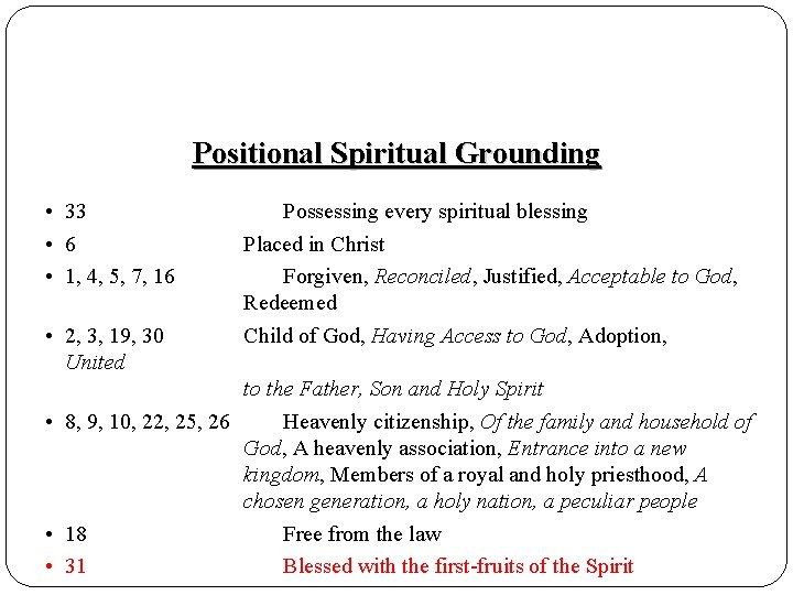 Positional Spiritual Grounding • 33 • 6 • 1, 4, 5, 7, 16 •