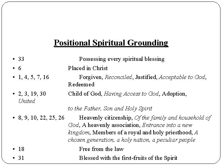 Positional Spiritual Grounding • 33 • 6 • 1, 4, 5, 7, 16 •