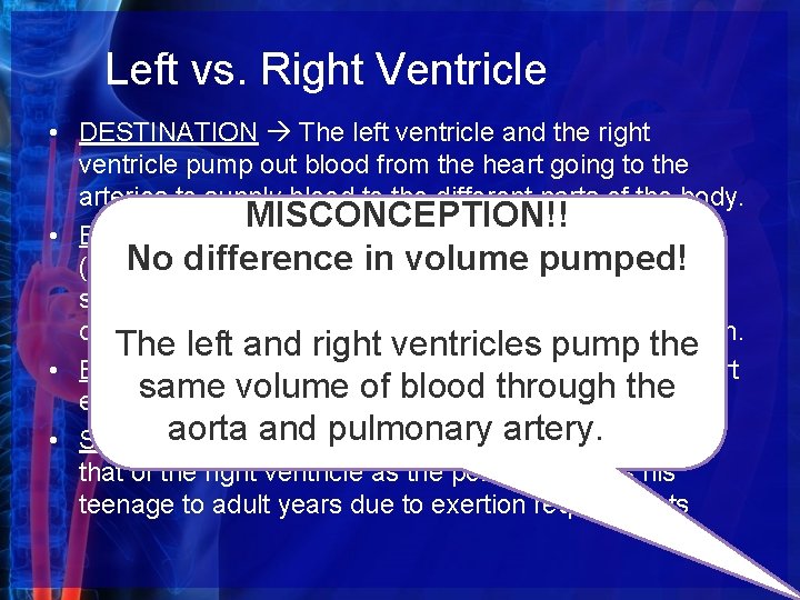 Left vs. Right Ventricle • DESTINATION The left ventricle and the right ventricle pump