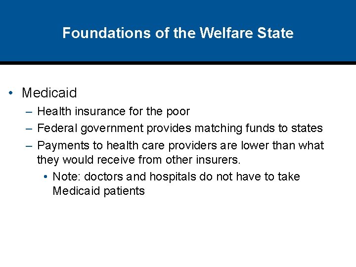 Foundations of the Welfare State • Medicaid – Health insurance for the poor –