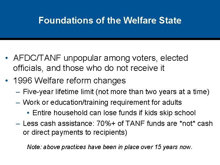 Foundations of the Welfare State • AFDC/TANF unpopular among voters, elected officials, and those
