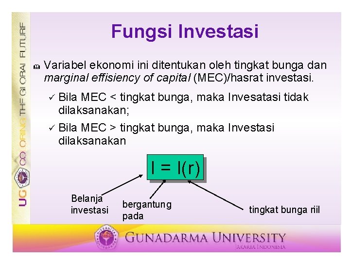 Fungsi Investasi & Variabel ekonomi ini ditentukan oleh tingkat bunga dan marginal effisiency of