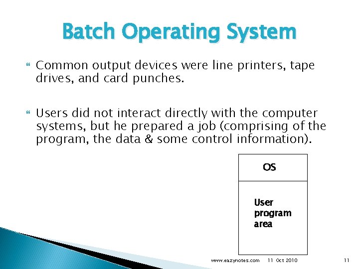 Batch Operating System Common output devices were line printers, tape drives, and card punches.