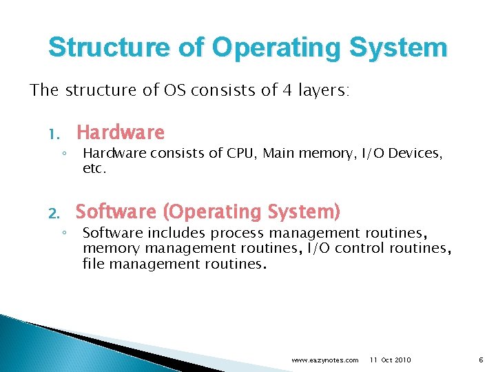 Structure of Operating System The structure of OS consists of 4 layers: 1. 2.