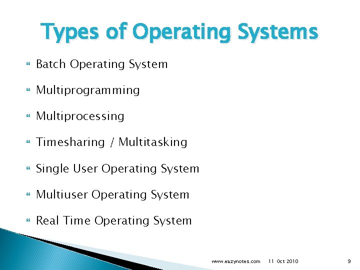 Types of Operating Systems Batch Operating System Multiprogramming Multiprocessing Timesharing / Multitasking Single User