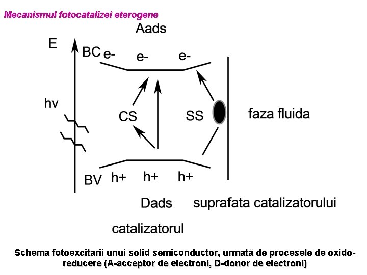 Mecanismul fotocatalizei eterogene Schema fotoexcitării unui solid semiconductor, urmată de procesele de oxidoreducere (A-acceptor