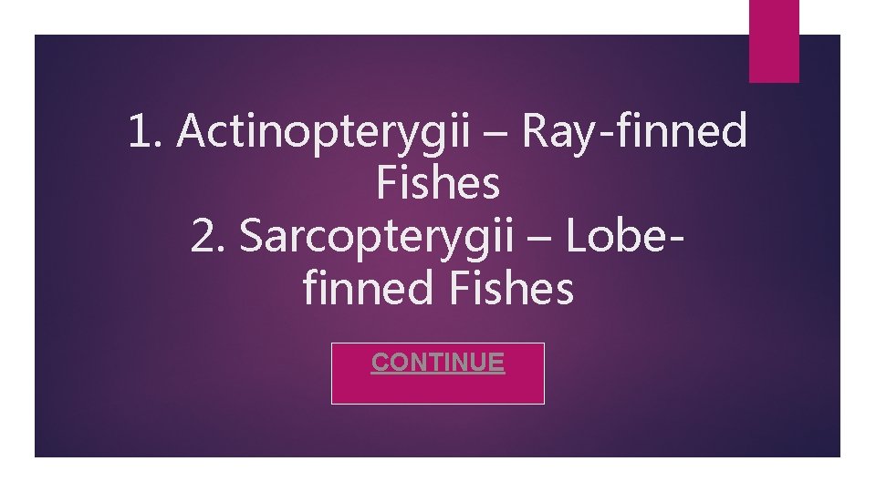 1. Actinopterygii – Ray-finned Fishes 2. Sarcopterygii – Lobefinned Fishes CONTINUE 