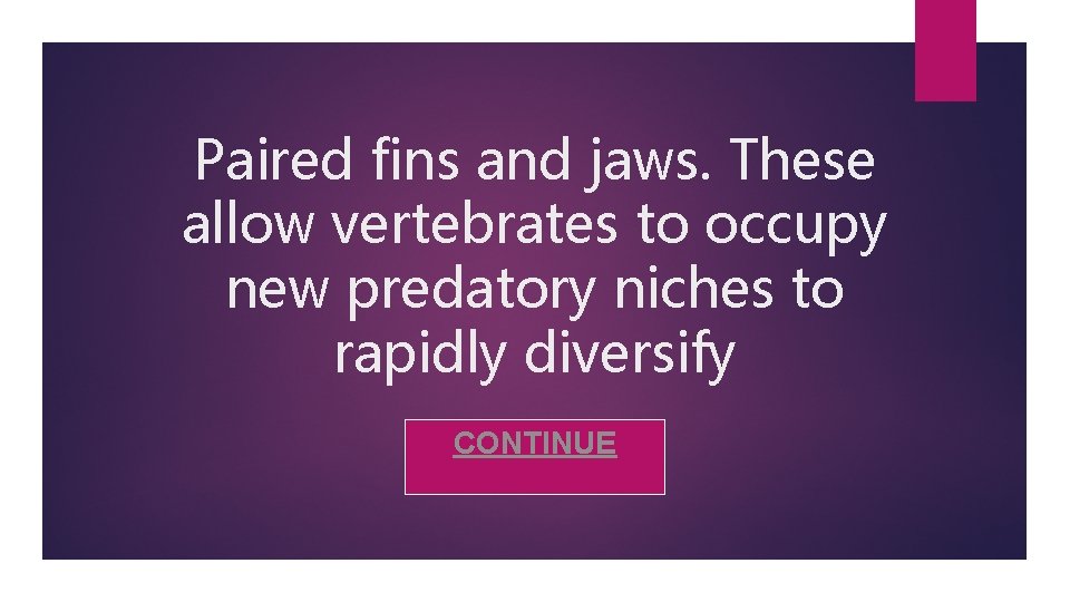 Paired fins and jaws. These allow vertebrates to occupy new predatory niches to rapidly