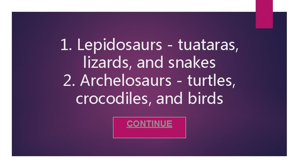1. Lepidosaurs - tuataras, lizards, and snakes 2. Archelosaurs - turtles, crocodiles, and birds