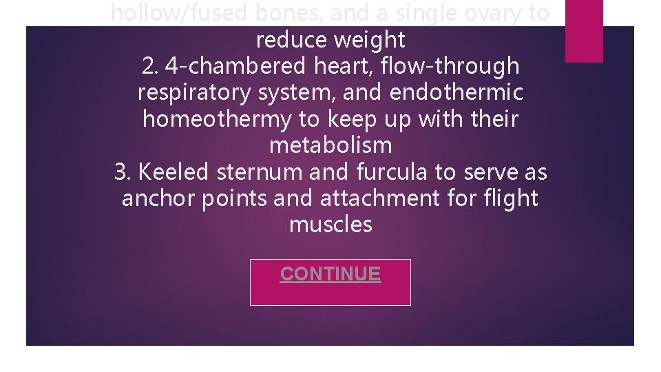 hollow/fused bones, and a single ovary to reduce weight 2. 4 -chambered heart, flow-through