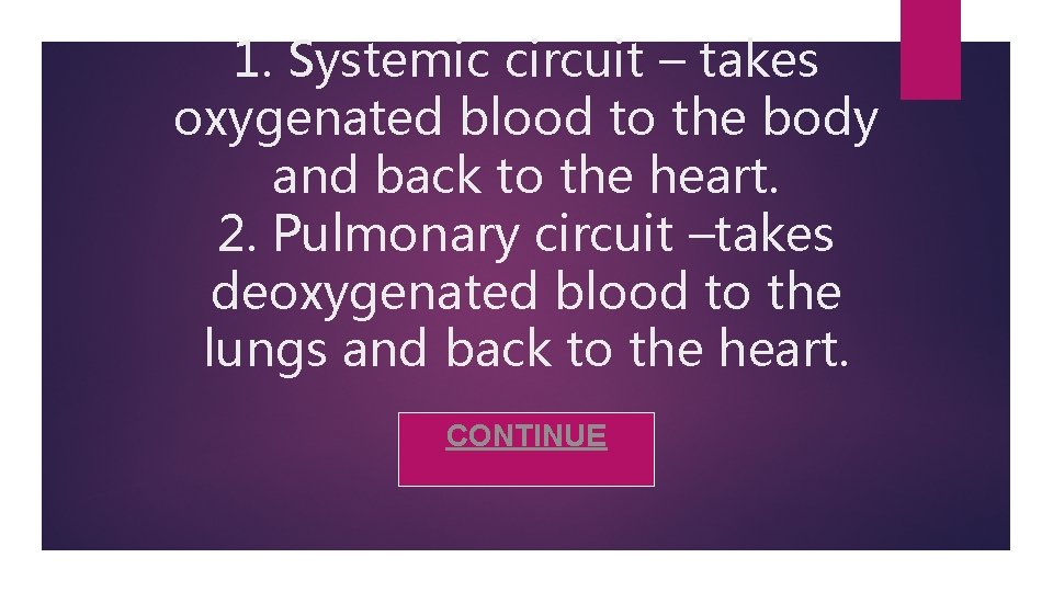 1. Systemic circuit – takes oxygenated blood to the body and back to the