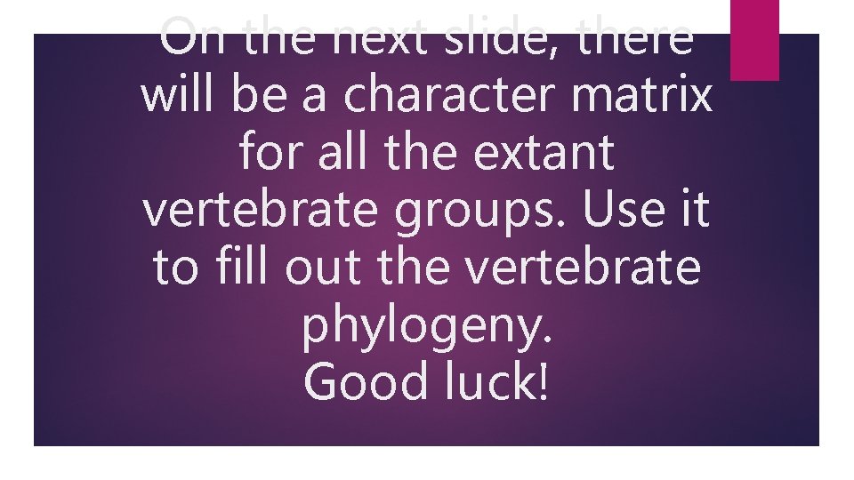 On the next slide, there will be a character matrix for all the extant
