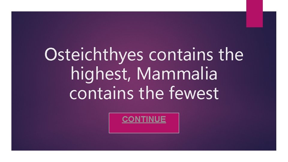 Osteichthyes contains the highest, Mammalia contains the fewest CONTINUE 