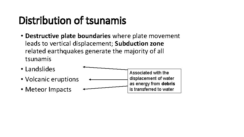 Distribution of tsunamis • Destructive plate boundaries where plate movement leads to vertical displacement;