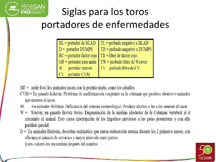 Siglas para los toros portadores de enfermedades 