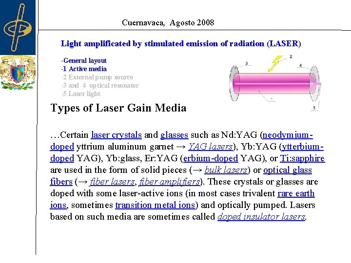 Cuernavaca, Agosto 2008 Light amplificated by stimulated emission of radiation (LASER) -General layout -1