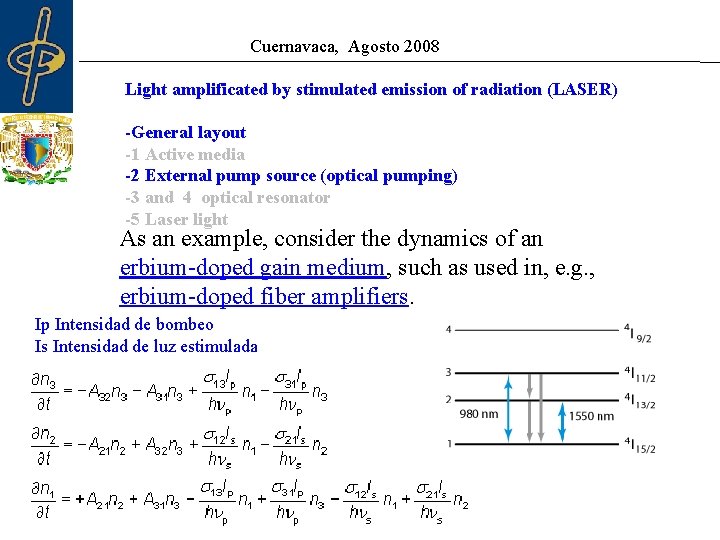 Cuernavaca, Agosto 2008 Light amplificated by stimulated emission of radiation (LASER) -General layout -1