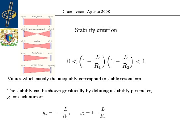 Cuernavaca, Agosto 2008 Stability criterion Values which satisfy the inequality correspond to stable resonators. Cuernavaca, Agosto 2008 Stability criterion Values which satisfy the inequality correspond to stable resonators.